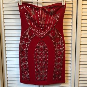 Red & Metal Mini BodyCon Strapless Dress, size 1